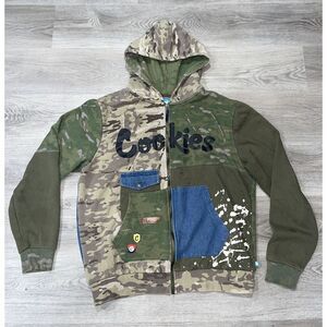 COOKIES Zip Hoodie Men's Size Large Green Camo Jean Full Zip Patchwork